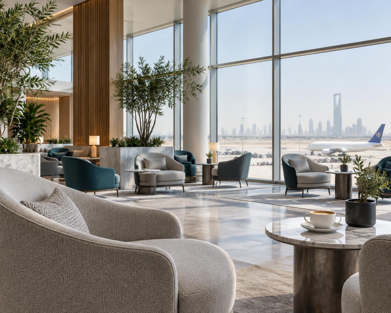 A calm airport lounge with comfortable seating